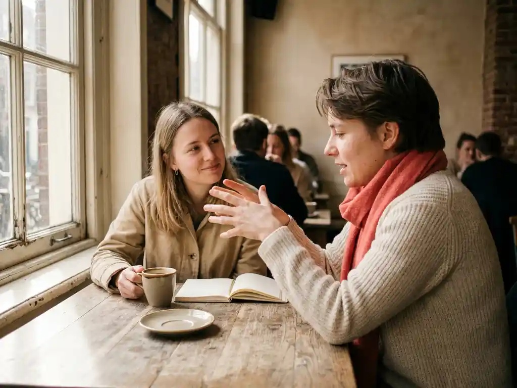 Twee mensen in gesprek aan een versleten houten cafétafel in Amsterdam, met keramische koffiekopjes en een opengeslagen notitieboek.
