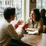 Twee mensen in gesprek aan een houten cafétafel in Amsterdam, één gebarend met open handen, de ander luisterend met een warme glimlach.