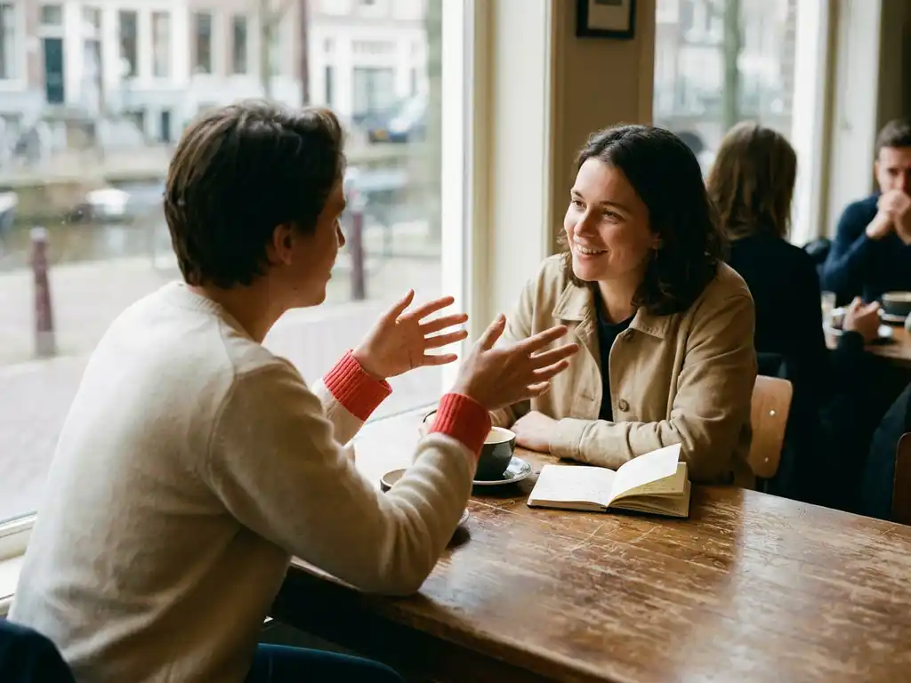 Twee mensen in gesprek aan een houten cafétafel in Amsterdam, één gebarend met open handen, de ander luisterend met een warme glimlach.