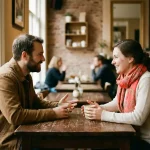 Twee mensen in levendig gesprek aan een versleten houten cafétafel in Amsterdam, met keramische koffiekopjes en expressieve handgebaren.