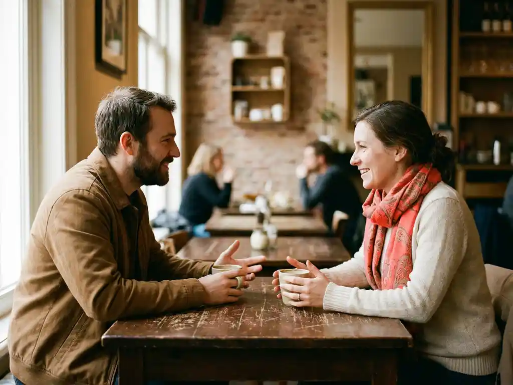Twee mensen in levendig gesprek aan een versleten houten cafétafel in Amsterdam, met keramische koffiekopjes en expressieve handgebaren.