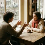Twee mensen in gesprek aan een versleten houten cafétafel in Amsterdam, één leunt voorover met open handen, warm natuurlijk licht.