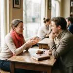 Twee mensen in gesprek aan een versleten houten cafétafel in Amsterdam, warme natuurlijke belichting en een koraalrood sjaal als accent.