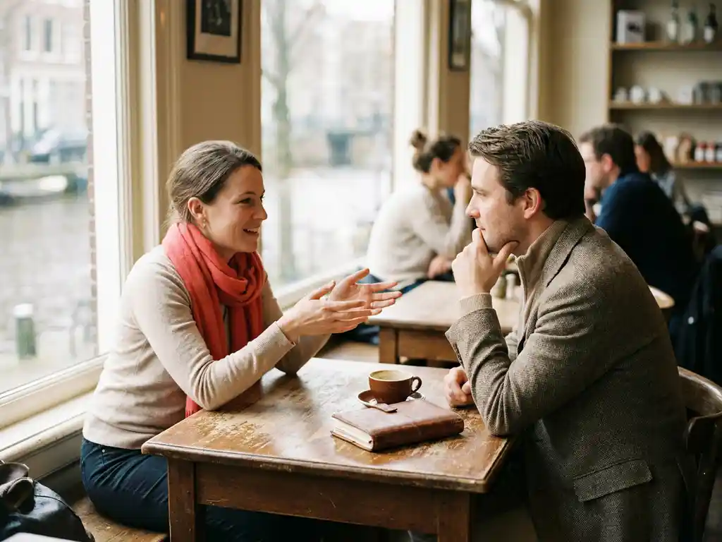 Twee mensen in gesprek aan een versleten houten cafétafel in Amsterdam, warme natuurlijke belichting en een koraalrood sjaal als accent.