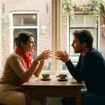 Twee mensen in gesprek aan een houten cafétafel in Amsterdam, met koffiekopjes en warm daglicht door grote ramen.
