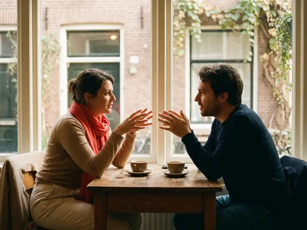 Twee mensen in gesprek aan een houten cafétafel in Amsterdam, met koffiekopjes en warm daglicht door grote ramen.