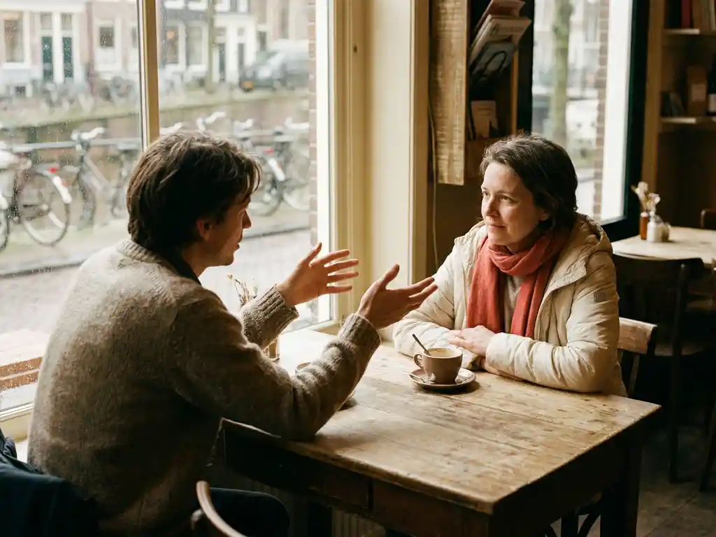 Twee mensen in gesprek aan een versleten houten cafétafel in Amsterdam, één leunt voorover met open handen, warm natuurlijk licht.