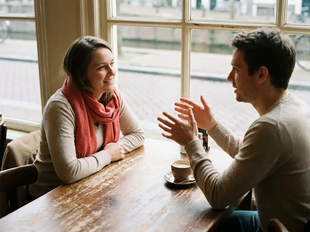Twee mensen in gesprek aan een houten cafétafel in Amsterdam, één gebaart terwijl de ander aandachtig luistert, zachte daglichtsfeer.