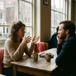 Twee mensen in gesprek aan een houten cafétafel in Amsterdam, één gebarend, de ander aandachtig luisterend, keramische kopjes op de voorgrond.