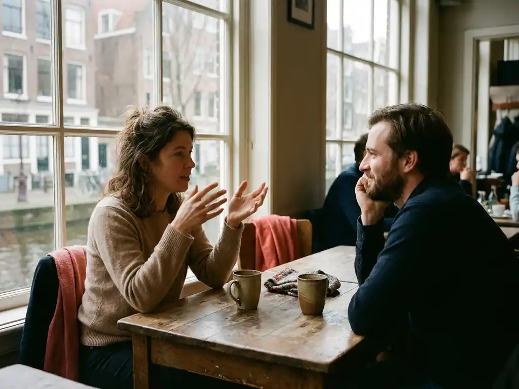 Twee mensen in gesprek aan een houten cafétafel in Amsterdam, één gebarend, de ander aandachtig luisterend, keramische kopjes op de voorgrond.