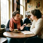 Twee mensen in gesprek aan een versleten houten cafétafel in Amsterdam, met een keramische koffiekop en notitieboekje erbij.