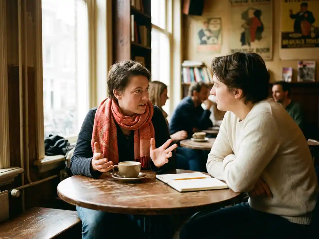 Twee mensen in gesprek aan een versleten houten cafétafel in Amsterdam, met een keramische koffiekop en notitieboekje erbij.