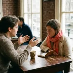 Twee mensen in gesprek aan een houten cafétafel in Amsterdam, één gebarend terwijl de ander aandachtig luistert, koffie en notitieboekje erbij.