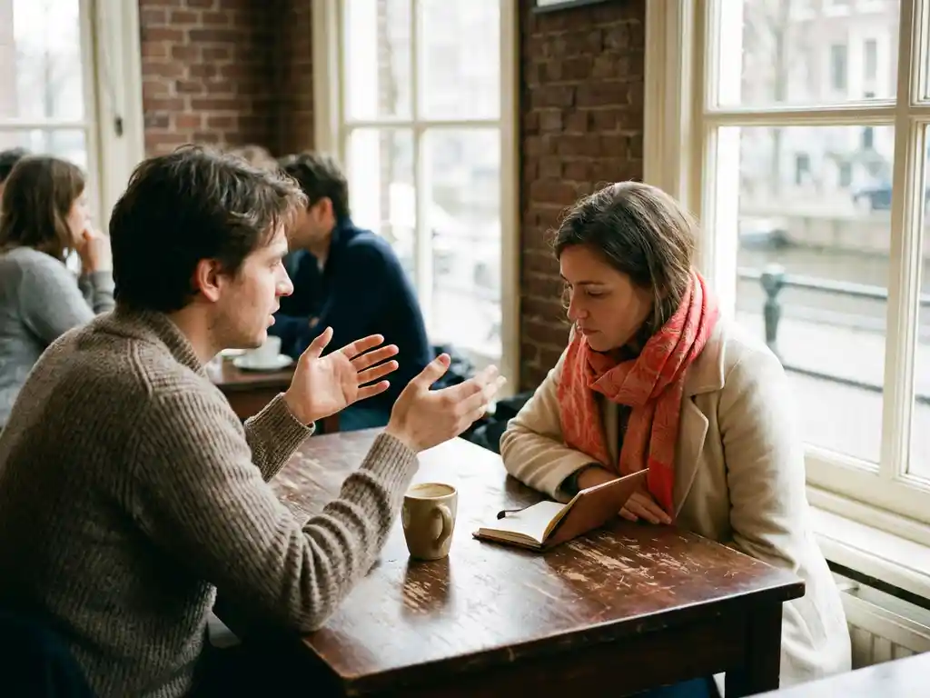 Twee mensen in gesprek aan een houten cafétafel in Amsterdam, één gebarend terwijl de ander aandachtig luistert, koffie en notitieboekje erbij.