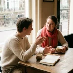 Twee mensen in gesprek aan een houten cafétafel in Amsterdam, met koffie en notitieboekje in warm natuurlijk licht.