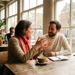 Twee mensen in gesprek aan een versleten houten cafétafel in Amsterdam, met koffie en notitieboekje, in warm natuurlijk daglicht.