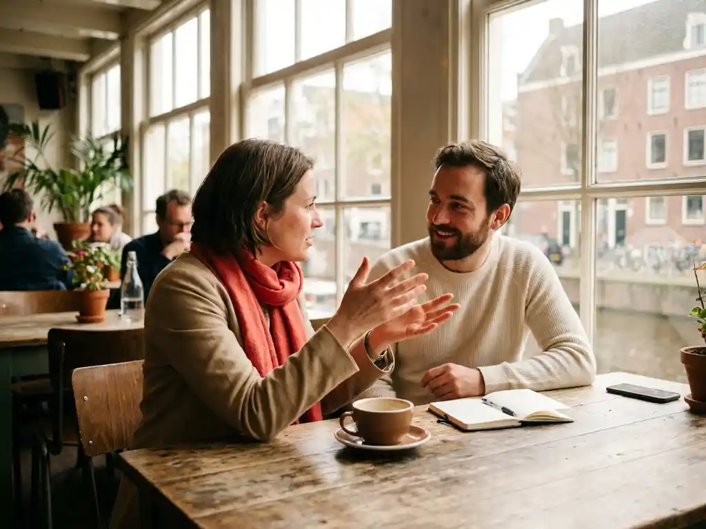 Twee mensen in gesprek aan een versleten houten cafétafel in Amsterdam, met koffie en notitieboekje, in warm natuurlijk daglicht.