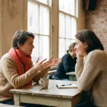 Twee mensen in gesprek aan een houten cafétafel in Amsterdam, met koffiekopje en notitieboekje, warm daglicht door grote ramen.