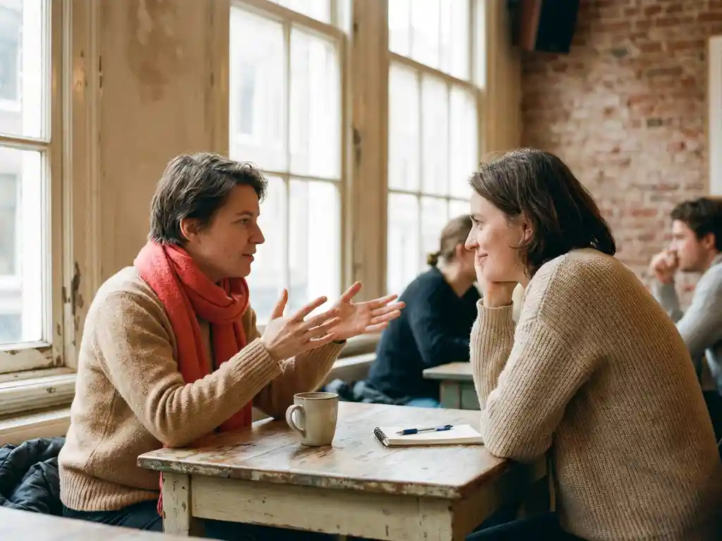 Twee mensen in gesprek aan een houten cafétafel in Amsterdam, met koffiekopje en notitieboekje, warm daglicht door grote ramen.