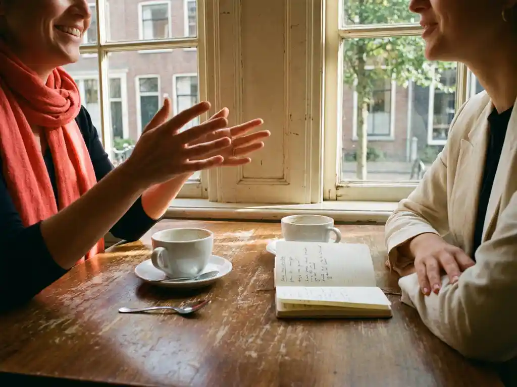 Twee mensen in levendig gesprek aan een versleten houten cafétafel in Amsterdam, met koffiekopjes en een notitieboekje erbij.