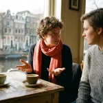 Twee mensen in gesprek aan een versleten houten cafétafel in Amsterdam, één persoon gebaart terwijl de ander aandachtig luistert.