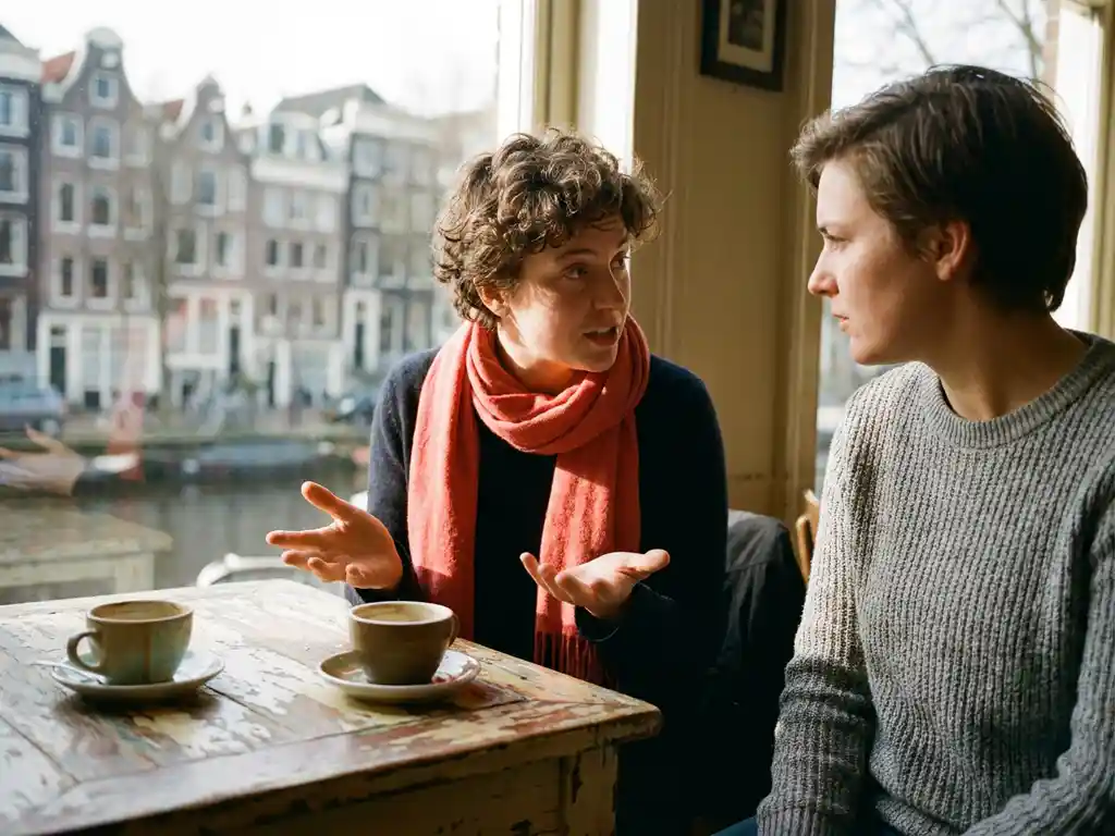Twee mensen in gesprek aan een versleten houten cafétafel in Amsterdam, één persoon gebaart terwijl de ander aandachtig luistert.