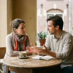 Twee mensen in gesprek aan een verweerde houten cafétafel in Amsterdam, leunend naar elkaar toe bij zacht natuurlijk raamlicht.