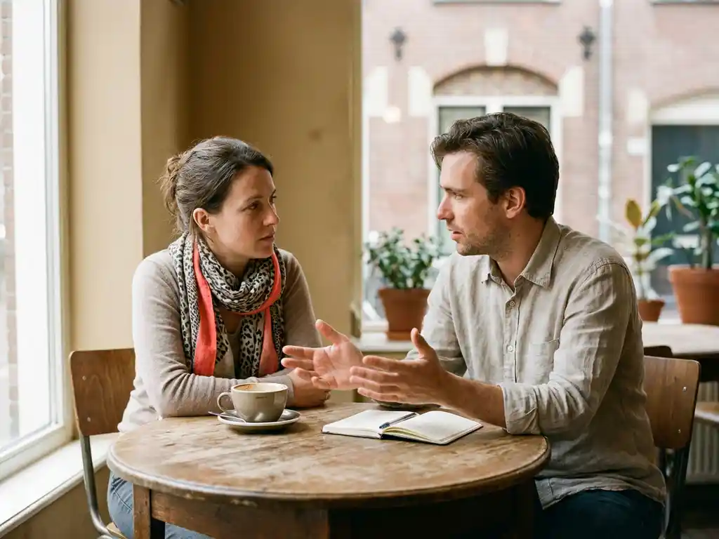 Twee mensen in gesprek aan een verweerde houten cafétafel in Amsterdam, leunend naar elkaar toe bij zacht natuurlijk raamlicht.