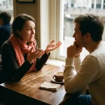Twee mensen in gesprek aan een versleten houten cafétafel in Amsterdam, één gebarend met open handen in zacht natuurlijk licht.