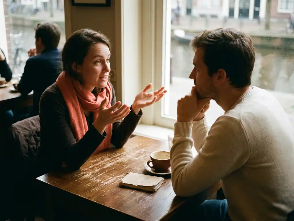 Twee mensen in gesprek aan een versleten houten cafétafel in Amsterdam, één gebarend met open handen in zacht natuurlijk licht.