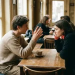Twee mensen in gesprek aan een versleten houten cafétafel in Amsterdam, één gebarend, de ander aandachtig luisterend, zacht natuurlijk licht.