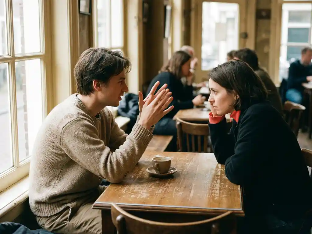 Twee mensen in gesprek aan een versleten houten cafétafel in Amsterdam, één gebarend, de ander aandachtig luisterend, zacht natuurlijk licht.