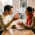 Twee mensen in gesprek aan een versleten houten cafétafel in Amsterdam, één persoon gebaart met open handen, keramische koffiekop en notitieboekje op tafel.