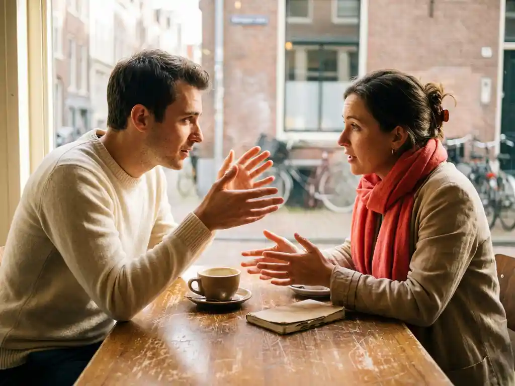 Twee mensen in gesprek aan een versleten houten cafétafel in Amsterdam, één persoon gebaart met open handen, keramische koffiekop en notitieboekje op tafel.