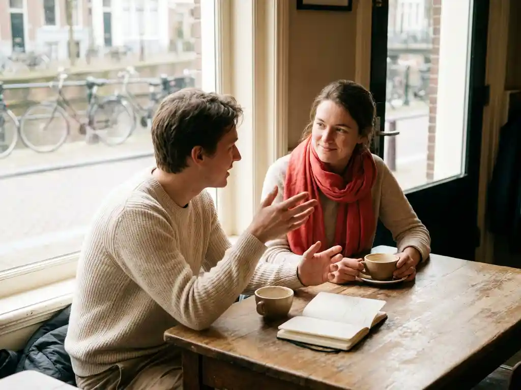 Twee mensen in gesprek aan een houten cafétafel in Amsterdam, met koffie en notitieboekje in warm natuurlijk licht.