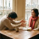 Twee mensen in gesprek aan een houten cafétafel in Amsterdam, één leunt voorover met open handen, ander luistert glimlachend.