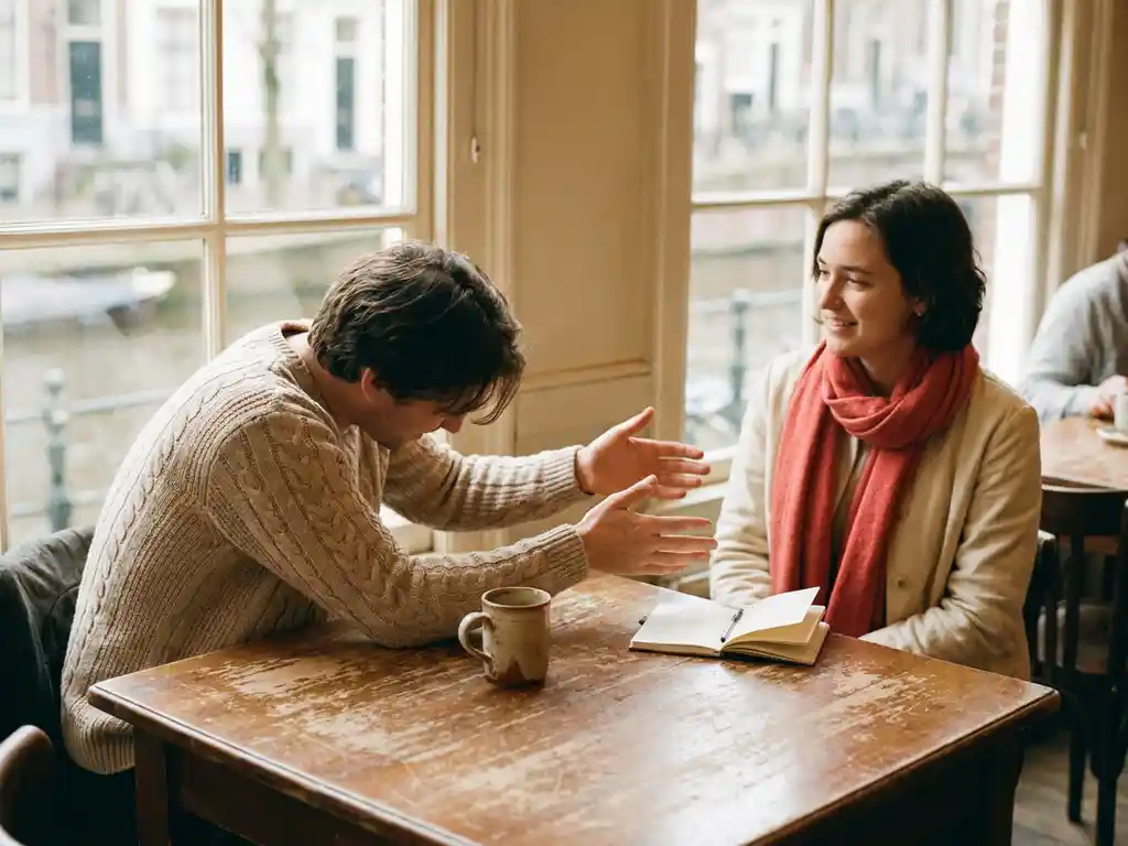 Twee mensen in gesprek aan een houten cafétafel in Amsterdam, één leunt voorover met open handen, ander luistert glimlachend.