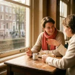 Twee mensen in gesprek aan een versleten houten cafétafel in Amsterdam, met expressieve handgebaren en koffiekopjes in warm ochtendlicht.