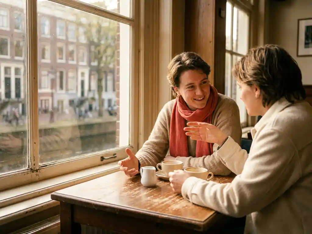 Twee mensen in gesprek aan een versleten houten cafétafel in Amsterdam, met expressieve handgebaren en koffiekopjes in warm ochtendlicht.