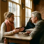 Jonge vrouw in koraalkleurig jasje gesticulerend tijdens gesprek met oudere man in Amsterdams café, keramische koffiekopjes op houten tafel.