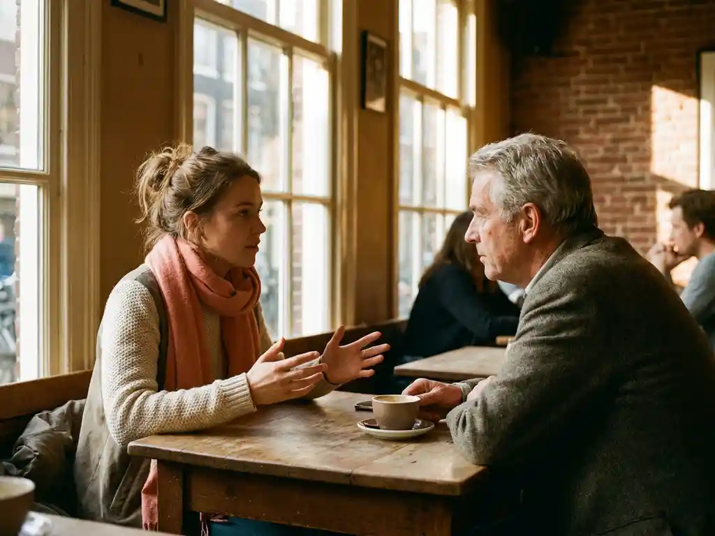 Jonge vrouw in koraalkleurig jasje gesticulerend tijdens gesprek met oudere man in Amsterdams café, keramische koffiekopjes op houten tafel.