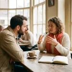 Twee mensen in gesprek aan een versleten houten cafétafel in Amsterdam, één gebaart expressief terwijl de ander aandachtig luistert, keramische koffiekop en notitieboek op tafel.
