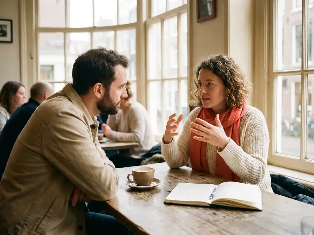 Twee mensen in gesprek aan een versleten houten cafétafel in Amsterdam, één gebaart expressief terwijl de ander aandachtig luistert, keramische koffiekop en notitieboek op tafel.