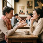 Twee mensen in gesprek aan een versleten houten cafétafel in Amsterdam, één gebarend met open handen, zachte natuurlijke raamverlichting.