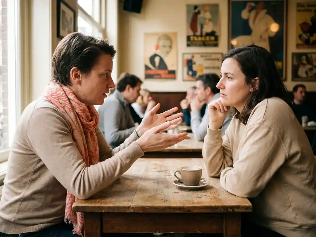 Twee mensen in gesprek aan een versleten houten cafétafel in Amsterdam, één gebarend met open handen, zachte natuurlijke raamverlichting.
