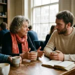 Drie mensen in gesprek aan een houten cafétafel in Amsterdam, oudere vrouw gebaart expressief, keramische koffiekopjes en notitieboekje op tafel.