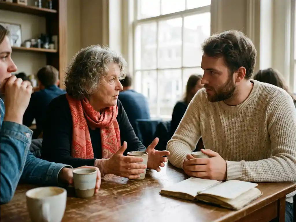 Drie mensen in gesprek aan een houten cafétafel in Amsterdam, oudere vrouw gebaart expressief, keramische koffiekopjes en notitieboekje op tafel.