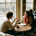 Twee mensen in gesprek aan een versleten houten cafétafel in Amsterdam, één gebarend, de ander aandachtig luisterend, met koffie en notitieboekje.