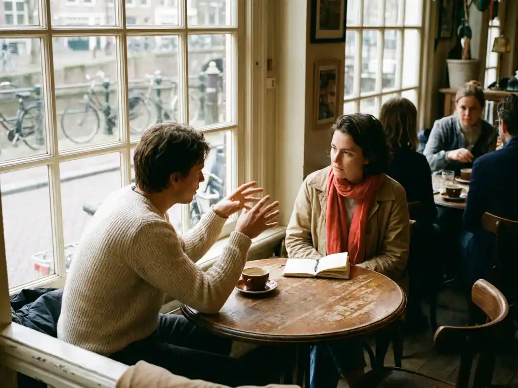 Twee mensen in gesprek aan een versleten houten cafétafel in Amsterdam, één gebarend, de ander aandachtig luisterend, met koffie en notitieboekje.