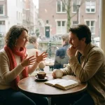 Twee mensen in gesprek aan een houten cafétafel in Amsterdam, met koffie en een opengeslagen notitieboek, in warm natuurlijk daglicht.